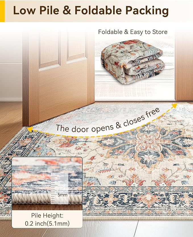 Area Rugs 6'x8' Washable Non-Slip, Floral Vintage Distress Print Pattern Medallion Carpet for Living Room Bedroom Dining Room, Beige Navy Blue Orange Colorful