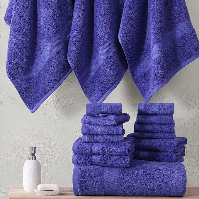 LANE LINEN 100% Mercerized Cotton Bathroom Towel Set - 16 Pieces, Hotel Quality - Super Soft & Highly Absorbent - Ring Spun - 4 Bath Towels, 8 Washcloths, 4 Hand Towels - Family Pack - Blue Irish