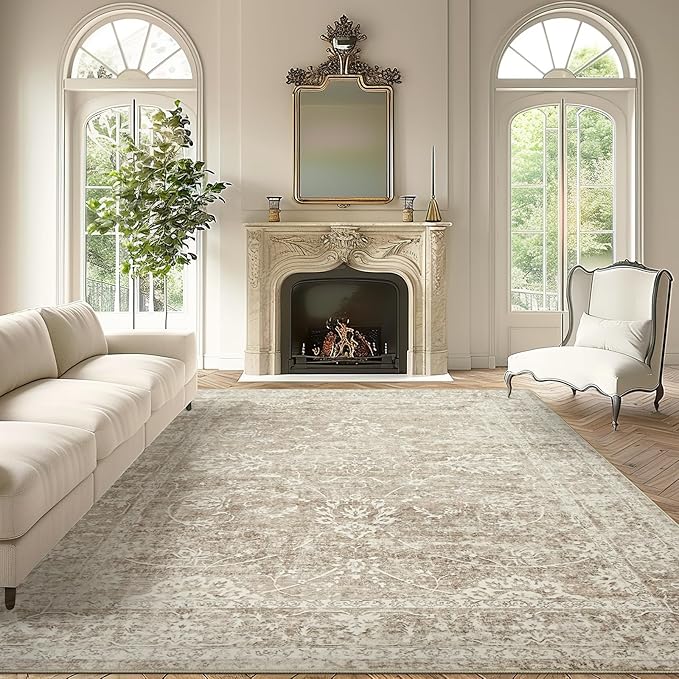 Madane 9x12 Area Rugs for Living Room, Machine Washable Rug with Non-Slip Backing, Soft Vintage Large Area Rug, Floral Print Floor Carpet for Bedroom Dining Room (9 x 12, Brown/Sand)