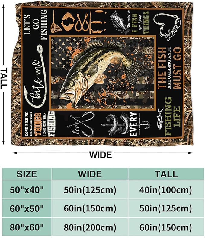 Dynova Fishing Blanket Cozy Plush Fish Throw Blankets Fuzzy Flannel Fleece Camo Fisherman Gifts Decor for Boys Men 50"X40"