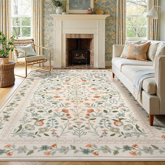Lahome Floral Area Rug 9x12, Non-Slip Untra-Thin Washable Living Room Rugs, Vintage Botanical Print Low-Pile Soft Botanical Rug for Bedroom Dining Room Office, Beige