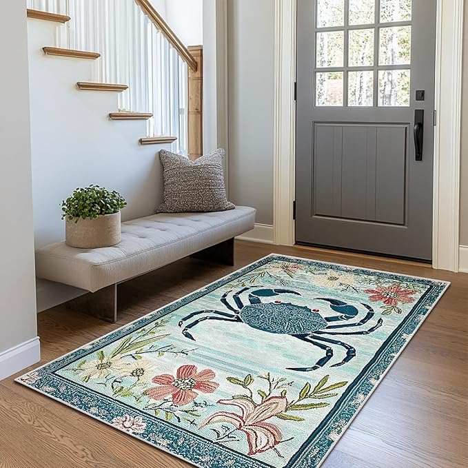 3x5 Crab Area Rugs Boho Teal Rug for Bathroom Kitchen Entryway Indoor Soft Non-Slip Thin Hippie Carpet Small Floral Doormat for Office Dining Room Home Decor Under Table Washable Machine