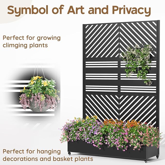 Metal Planter with Trellis& Wheels 72" x 47"x 15.7" Raised Garden Bed with Trellis,Privacy Planters for Patio,Garden Bed for Climbing Plants,Suitable for Climbing Plants and Vegetables,Black