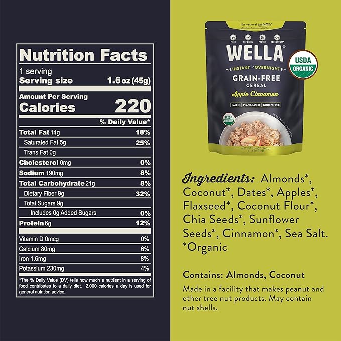 Wella Cereal Oatmeal Alternative, Gluten-Free Breakfast Hot Cereal, Grain-Free Paleo Organic Vegan High Protein Superfood, Plant-Based Non-GMO, Low in Net Carbs, Multi-Serve Bag, Apple Cinnamon Flavor (1 Count, 12.8 oz. Bag)
