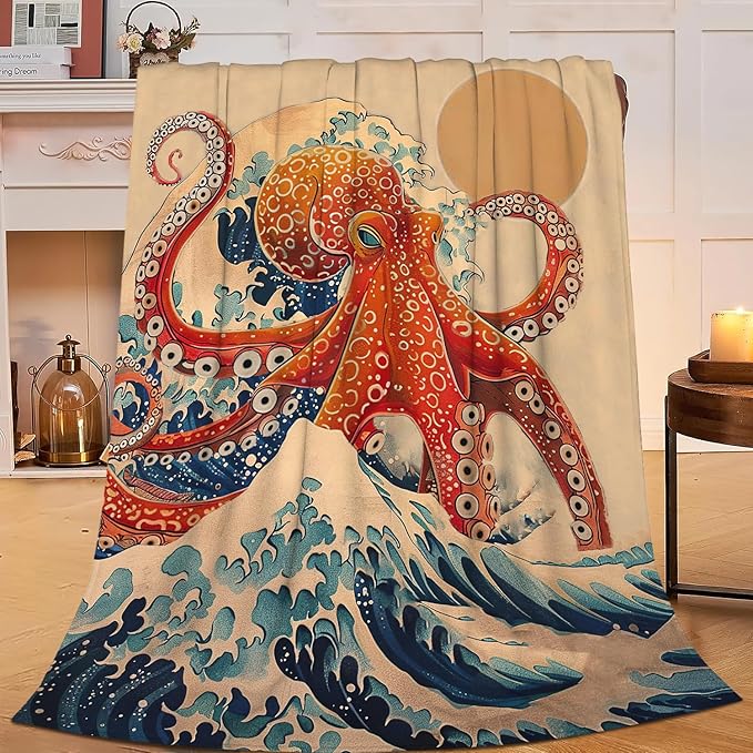 Japanese Octopus Throw Blanket Rustic Octopus Fleece Plush Super Soft Cozy Warm Lightweight Ocean Nautical Decor Gifts for Boys Girls Kids Adults Men Women 60" x 80"