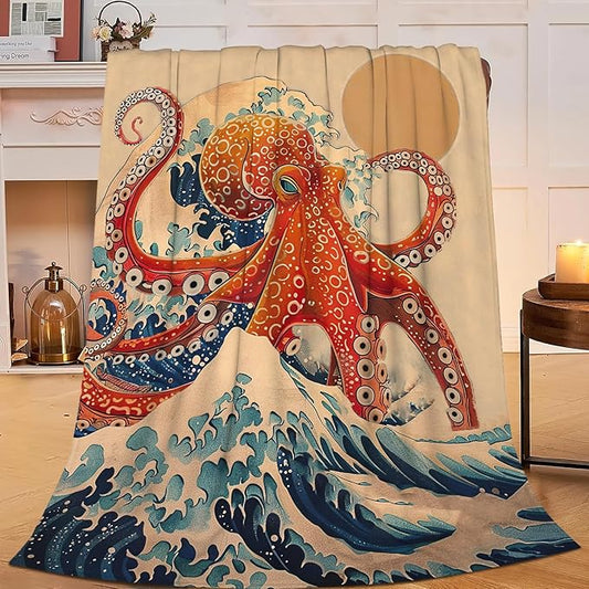 Japanese Octopus Throw Blanket Rustic Octopus Fleece Plush Super Soft Cozy Warm Lightweight Ocean Nautical Decor Gifts for Boys Girls Kids Adults Men Women 60" x 80"