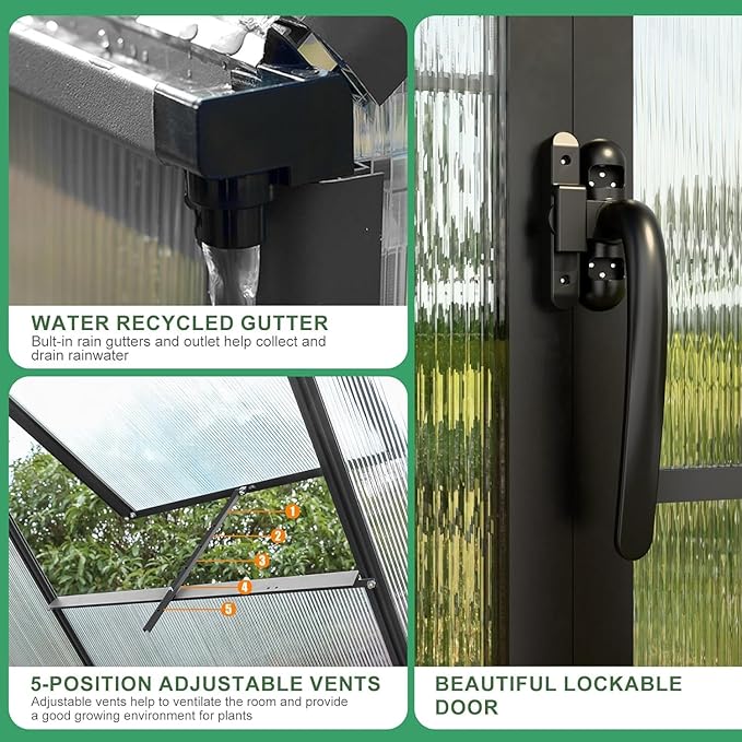 10x12 FT Greenhouse for Outdoor Large Heavy Duty Polycarbonate Greenhouses Aluminum Frame Walk-in Green House with 2 Windows Wider Door for Garden Plants Outside