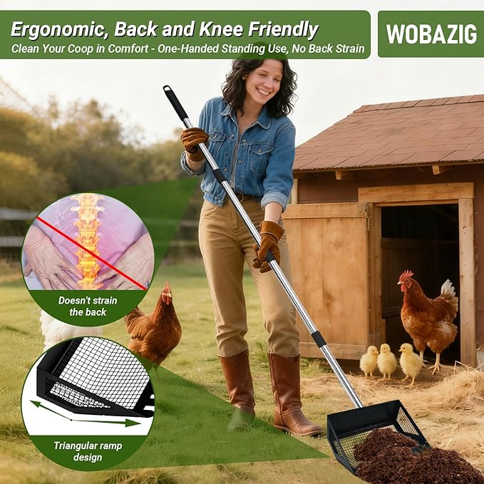 2-in-1 Chicken Poop Scooper & Rake,Chicken Coop Scoop with 304 Stainless Steel Shovel Head, Sand Sifting Litter Shovel (37 to 78")