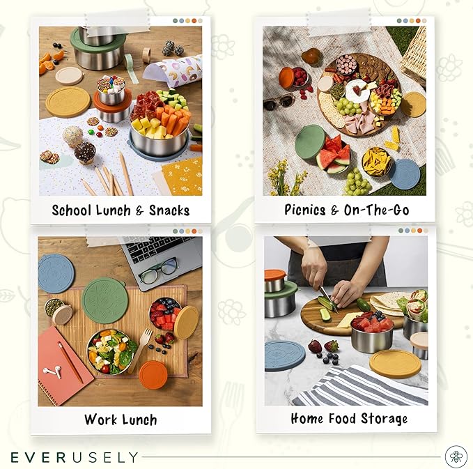 Everusely - Stainless Steel Containers with Lids - Set of 5, Muted Collection - Leakproof Stainless Steel Food Containers - Nesting Snack Holders - Metal Lunch Box - Portable & Reusable Meal Kit