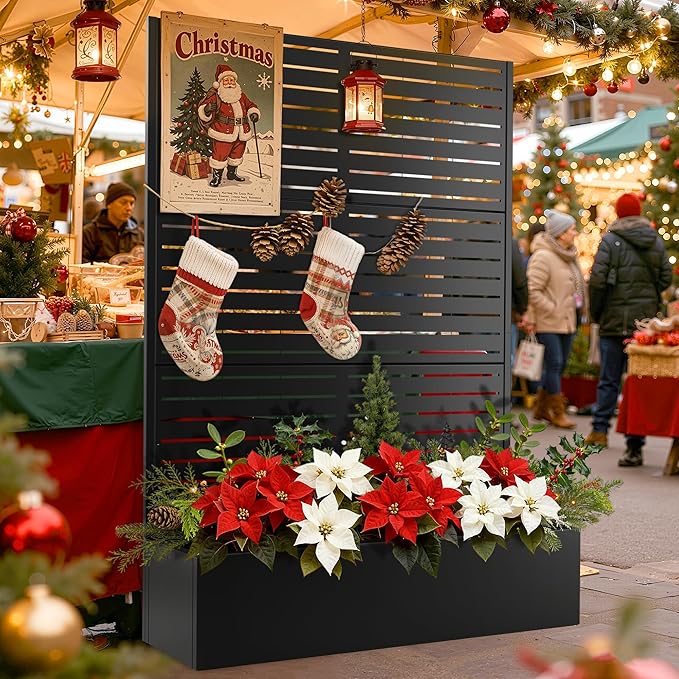 FENCY Metal Raised Garden Bed with Trellis, Metal Planter Box with Trellis, Garden Box for Climbing Plants Vegetable, 47" Lx16 Wx71 H Garden Bed with Drainage Holes(Black-Louvered)