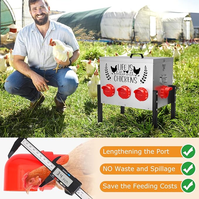 TGEYD 50LB Large Automatic Chicken Feeder – 8 Feeding Ports, No-Waste Poultry Feeder, with Adjustable Legs & Locking Lid