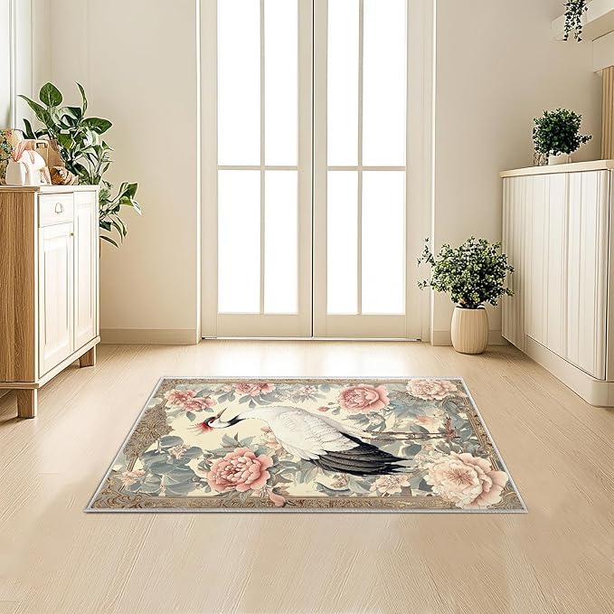 2x3 Crane Area Rugs Boho Japanese Crane Floral Rug for Bathroom Kitchen Entryway Indoor Soft Non-Slip Thin Hippie Carpet Small Beige Doormat for Office Dining Room Under Table Washable Machine