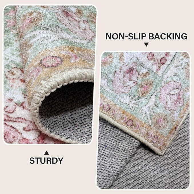 Vhong Washable Area Rugs Boho Vintage Modern Neutral Large Carpet Green and Pink High Traffic Rugs 9×12 for Dinning Room Living Room Bedroom Farmhouse Non Slip