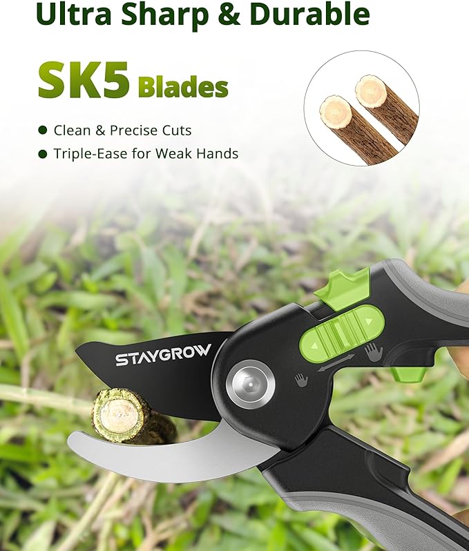 Pruning Shears for Gardening - 8.5" SK5 Garden Shears Cuts 10000+ Times Staying Sharp - Garden Scissors with One-handed Unlocking & Adjustable Handle- Garden Clippers Gardening Tools for Men Women