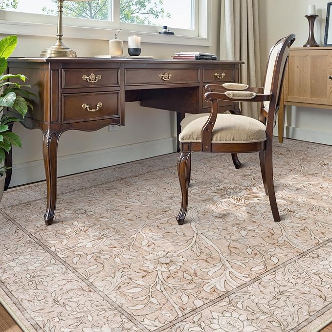 Collive 8x10 Area Rugs for Living Room, Washable Neutral Pink Hand-Painted Floral Bedroom Rug, Vintage Distressed Boho Non Slip Low Pile Large Carpet, Soft Retro Dining Room Office Rug, Pink Grey