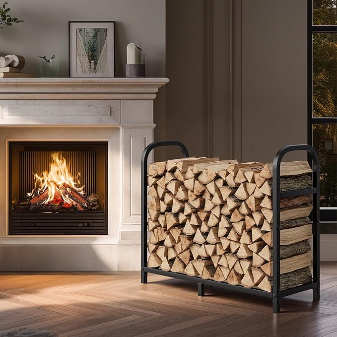 30 Inch Firewood Rack Outdoor with Log Carrier Bag, Indoor Fire Wood Holder, Metal Heavy Duty Log Holder, Rustproof Firewood Storage Tool for Fireplace Patio Deck