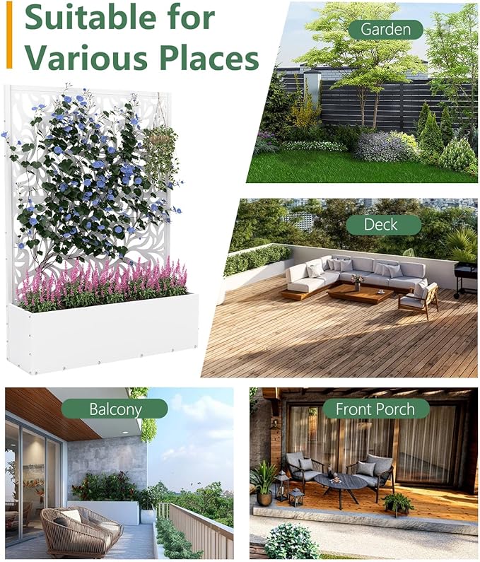 Metal Planter Box with Trellis,70.9"x47.2"x15.7" Raised Garden Bed with Drainage Holes, Privacy Planters for Outdoor Garden Bed for Climbing Plants,Vegetables,and Vines, White-Flower