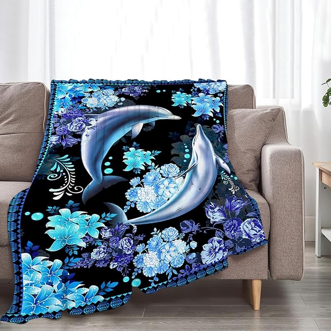 Dolphin Blanket Gifts for Girls Boys Soft Warm Plush Ocean Dolphin Throw Blanket Flannel Fleece Fuzzy Stuff Blanket for Bed Couch Living Room Decor 80"X60"