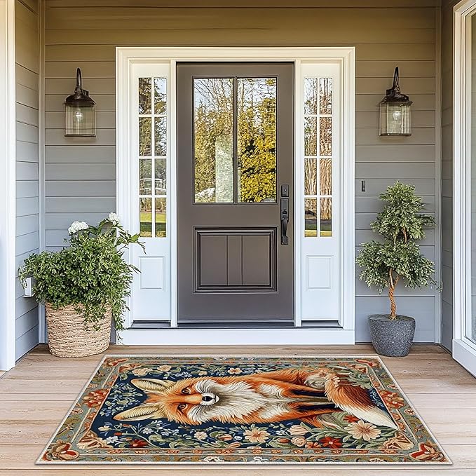 3x5 Fox Area Rugs Boho Floral Flower Rug for Bathroom Kitchen Entryway Indoor Soft Non-Slip Thin Hippie Carpet Small Doormat for Office Dining Room Under Table Washable Machine