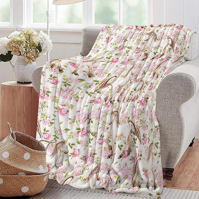 Horse Floral Blanket Pink Cute Horse Baby Throw Blanket Super Soft Plush Lightweight Warm Fleece Flannel Decor Blanket Gifts for Girls Women Boys Men Kids for Sofa Couch Bed 50"X60"
