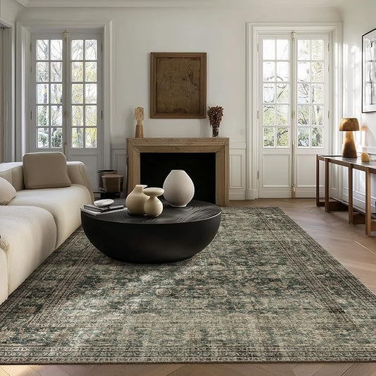 Washable Living Room Area Rug: 5x7 Rugs for Bedroom Vintage Stain Resistant Non Slip Low Pile Lightweight Boho Carpet for Kitchen Dining Room Farmhouse Kids Room Nursery