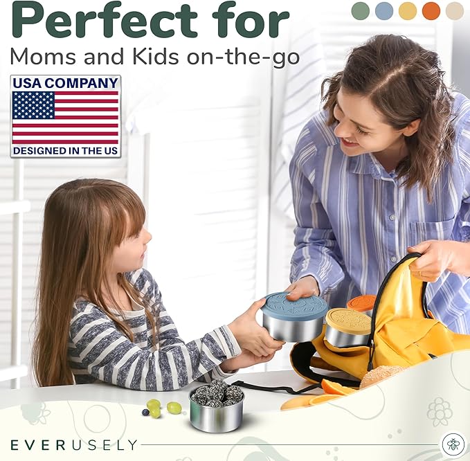 Everusely - Stainless Steel Containers with Lids - Set of 5, Muted Collection - Leakproof Stainless Steel Food Containers - Nesting Snack Holders - Metal Lunch Box - Portable & Reusable Meal Kit