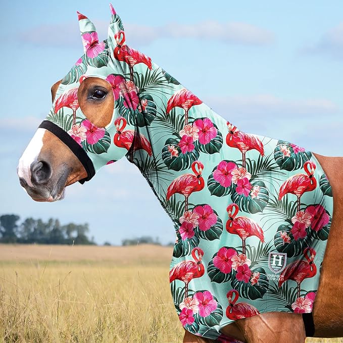 Harrison Howard Soft Horse Hood All-Covered Comfortable Sleezy for Horses with Zipper Chic Flamingo