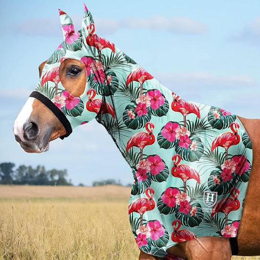 Harrison Howard Soft Horse Hood All-Covered Comfortable Sleezy for Horses with Zipper Chic Flamingo