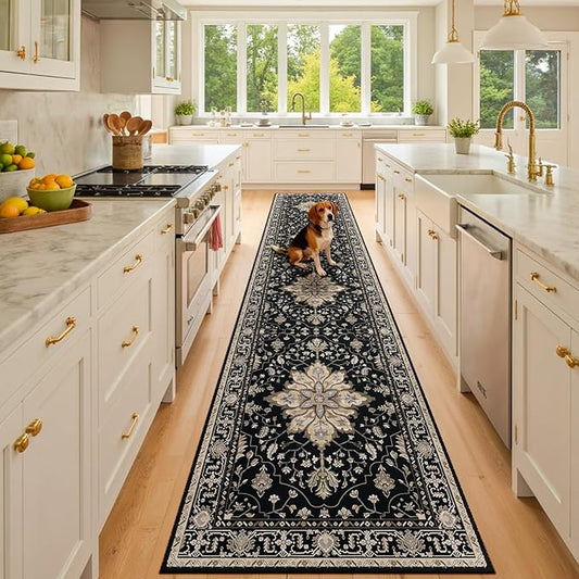 Area Rugs 3'x10' Washable Non-Slip, Floral Vintage Distress Print Pattern Medallion Carpet for Living Room Bedroom Dining Room, Black Brown Neutral Dark Tan