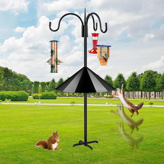 FEED GARDEN 92 Inch Adjustable Shepherd Hook with Squirrel Baffles Heavy Duty Garden Hooks 5-Prong Base Bird Feeder Pole with Three Hooks for Hanging Plant Baskets Solar Lights Lanterns