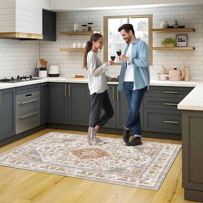 Vhong Boho Area Rugs Washable Vintage Modern Neutral Small Carpet Brown and Grey 4×6 High Traffic Rugs for Dinning Room Living Room Bedroom Non Slip