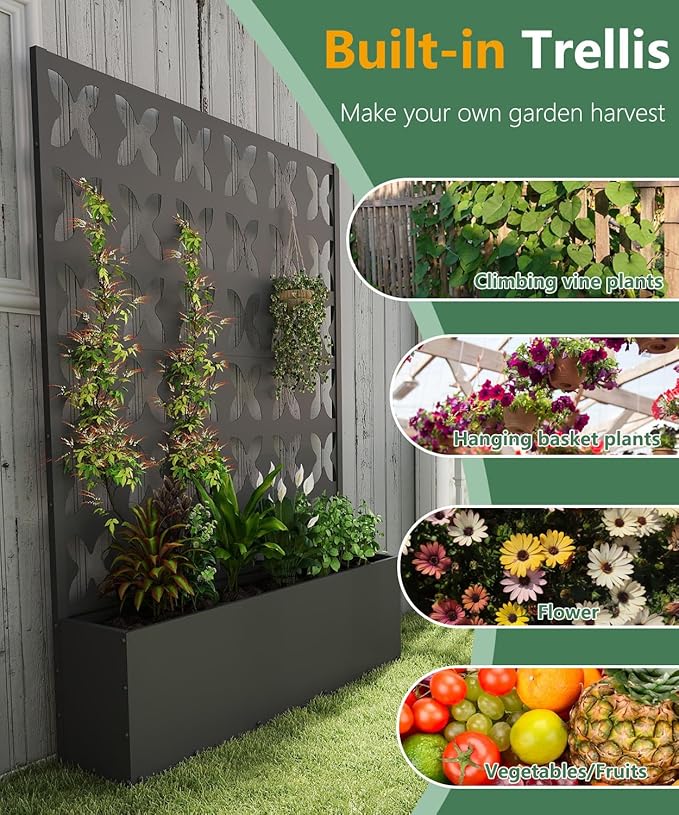 2PCS Metal Planter Box with Trellis,70.9"x47.2"x15.7" Raised Garden Bed with Drainage Holes, Privacy Planters for Outdoor Garden Bed for Climbing Plants,Vegetables,and Vines, Black-X