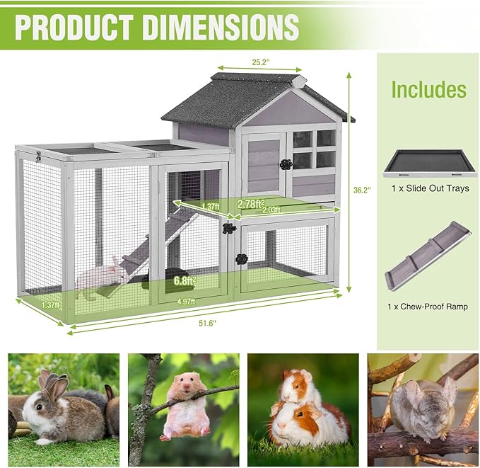 GUTINNEEN Large Rabbit Hutch Outdoor 2-Level Wooden Chicken Coop Indoor Weatherproof Bunny Cage Guinea Pig House with Waterproof Roof, Leak-Proof Pull Out Tray, Lockable Door for Small Animals (Grey)