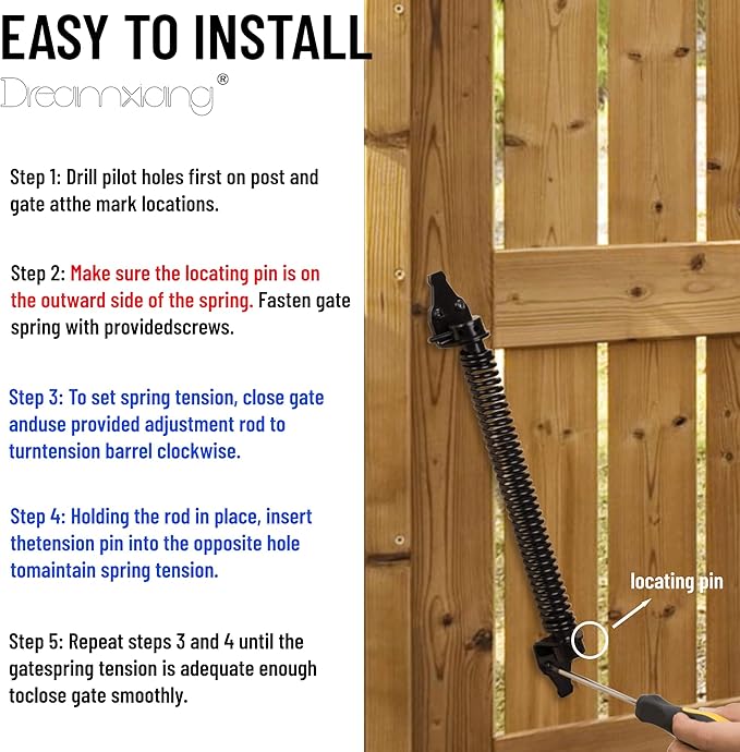 14" Gate Spring Self Closing Heavy Duty Outdoor Door Spring Automatic Fence Gate Closure Hardware Spring Loaded Gate Latch with Adjustable Tool for Wooden and Vinyl Fence, Black (1 Pack)