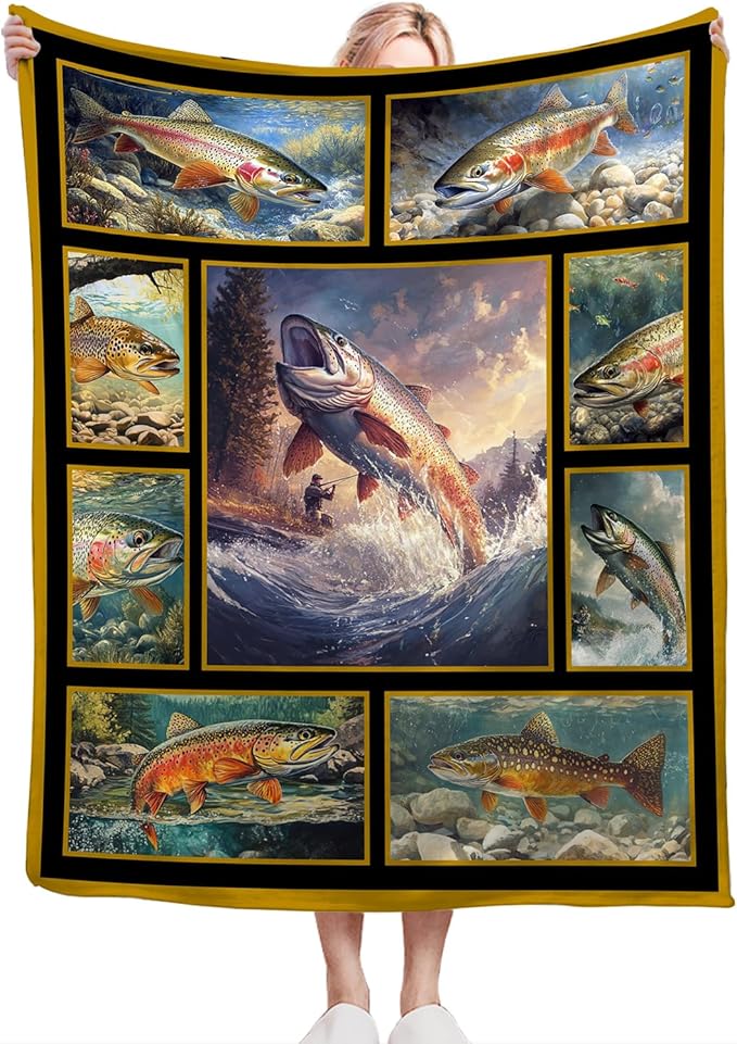 Fishing Throw Blanket Ultra Soft Cozy Rainbow Trout Fish Blanket Fleece Fuzzy Plush Fishing Lovers Decor Gifts for Women Girls Adults Couch Sofa 50"x40"