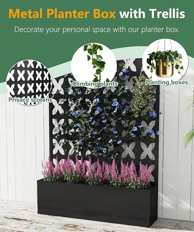 2PCS Metal Planter Box with Trellis,70.9"x47.2"x15.7" Raised Garden Bed with Drainage Holes, Privacy Planters for Outdoor Garden Bed for Climbing Plants,Vegetables,and Vines, Black-X