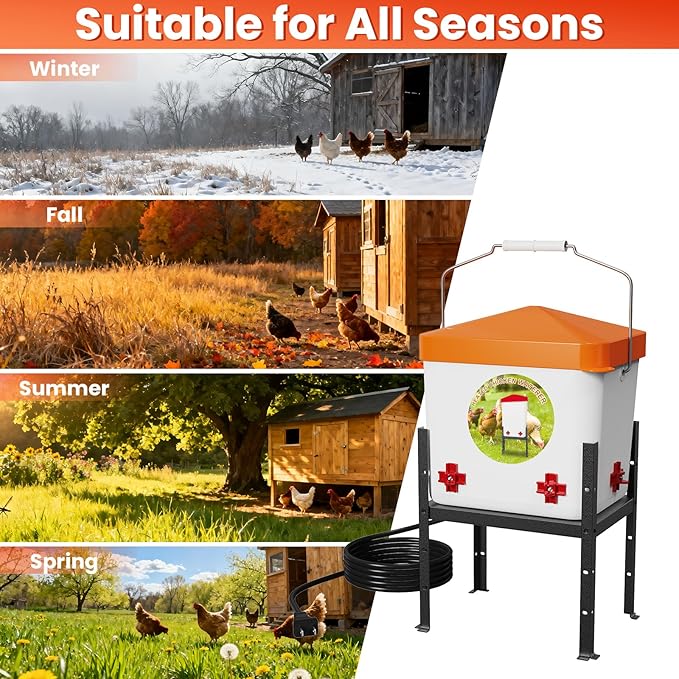 Nexum 2 Gallon Heated Chicken Waterer, Thermostatically Controlled Anti-Freeze Poultry Drinker with 4 Nipples & Adjustable Stand for Winter Coop Accessories (Orange)