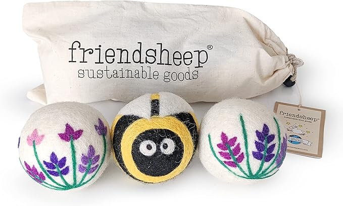 Friendsheep Wool Dryer Balls, Organic Reusable Fabric Softener Alternative for Laundry, Handmade, Fair Trade, Hypoallergenic, Eco-Friendly, Plastic-Free (3 Pack XL – Lavender Fields Bee Flower)