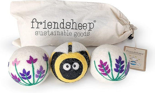 Friendsheep Wool Dryer Balls, Organic Reusable Fabric Softener Alternative for Laundry, Handmade, Fair Trade, Hypoallergenic, Eco-Friendly, Plastic-Free (3 Pack XL – Lavender Fields Bee Flower)