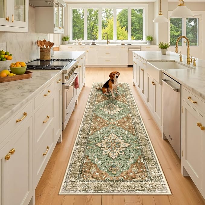 Area Rugs 2'6''x8' Washable Non-Slip, Floral Vintage Distress Print Pattern Medallion Carpet for Living Room Bedroom Dining Room, Brick Red Rust Neutral Brown Burnt Orange Green