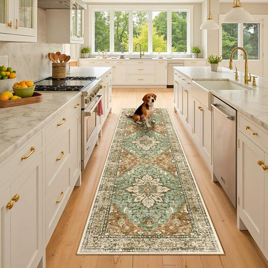 Area Rugs 2'6''x8' Washable Non-Slip, Floral Vintage Distress Print Pattern Medallion Carpet for Living Room Bedroom Dining Room, Brick Red Rust Neutral Brown Burnt Orange Green