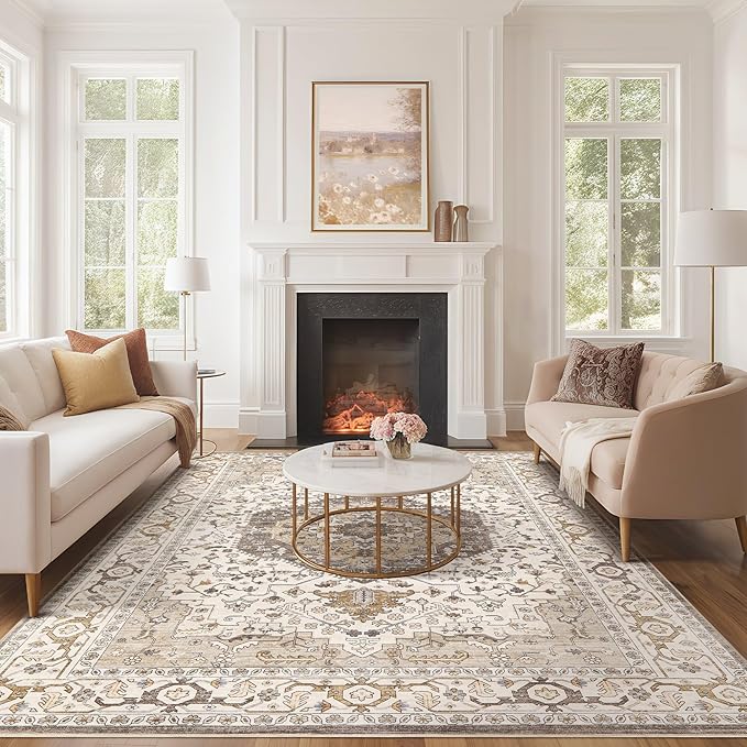 Area Rug for Living Room - 10x14 Soft Washable Oriental Vintage Floral Distressed Large Carpet - Fade Stain Resistant Non Slip Rugs for Bedroom Dining Room Nursery Dorm Office Home Decor-Camel/Beige