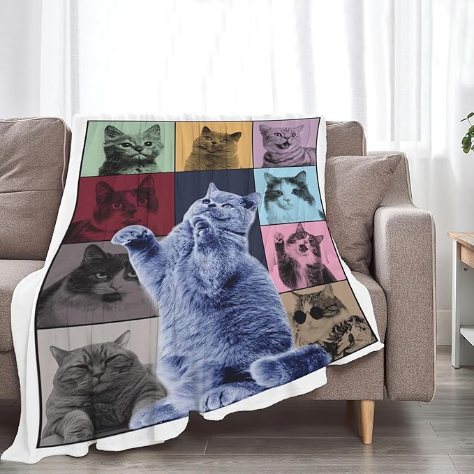 Cat Blanket Decor Gifts for Cat Lover Flannel Fleece Fuzzy Cat Throw Blanket Soft Warm Cozy Plush Colorful Animal Blanket for Bed Couch Living Room Stuffed Decoration for Kids Adult 80"x60"
