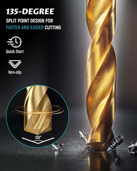 Lichamp 1/16" -1/4" Hex Shank Drill Bit Set, 13pc Titanium Coated High-Speed Steel Bits, 1/4" Quick Change Shank for Hard Metal, Hardened Twist Drill Set