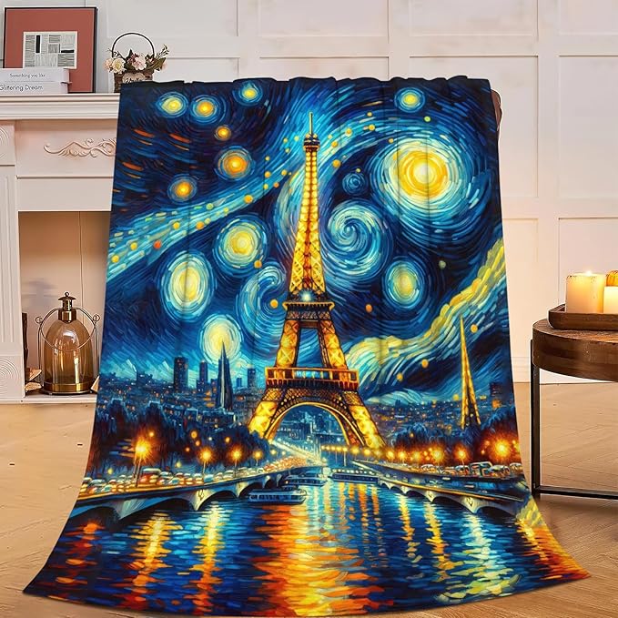 Eiffel Tower Blanket Starry Night Throw Blanket Soft Warm Cozy Fuzzy Plush Paris Throw Blanket Gifts for Girls Women Eiffel Tower Stuff Lightweight Fleece Flannel Gift Blankets for Kids Adults 60"X80"