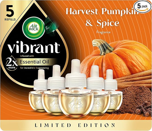 Air Wick Plug In Scented Oil Refill,Fall Scent, Fall Décor, Harvest Pumpkin & Spice, 5 ct