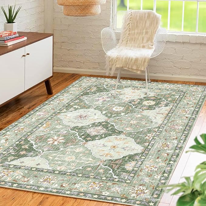 Boho Vintage Area Rugs 3×5 Washable Non-Slip Traditional Green Area Rug for Living Room Bedroom Dining Room and Kitchen