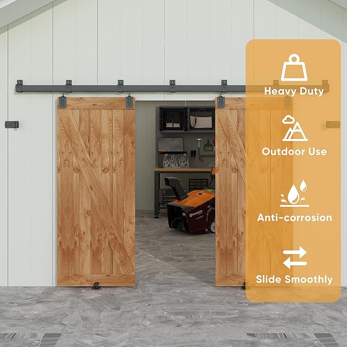 JUBEST 10FT Box Rail Exterior Barn Door Hardware Kit, Heavy Duty Sliding Door Track Kit Wall Mount Door Hardware Kit for Two Doors System(Doors Not Included), Black