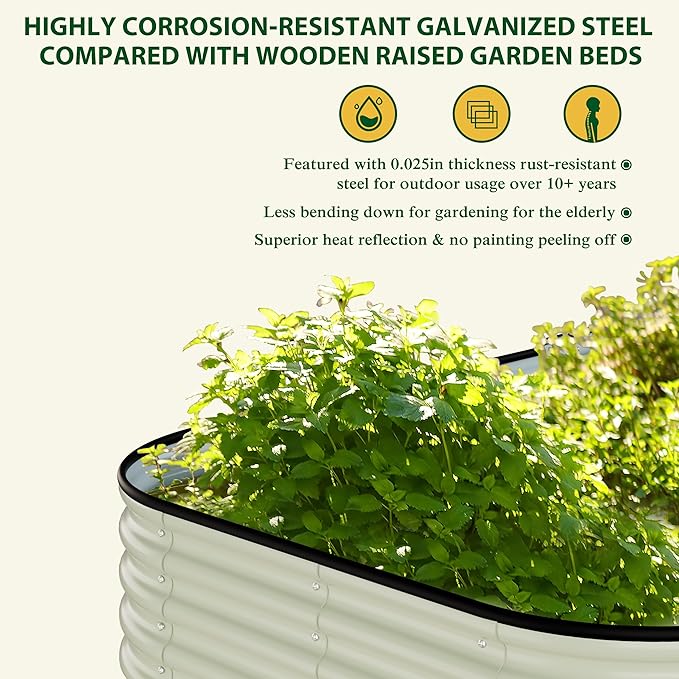 MUPATER 6x3x1FT Galvanized Raised Garden Beds, 11”H Metal Planter Box for Outdoor Plants, Oval Many-in-1 Modular Garden Bed Kit for Herbs and Flowers, Garden, Beige