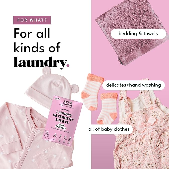Zero Trace All Natural Baby Laundry Detergent Sheets - Powerful Eco-Friendly Travel Laundry Strips for Sensitive Skin (144 Loads 72 Sheets)